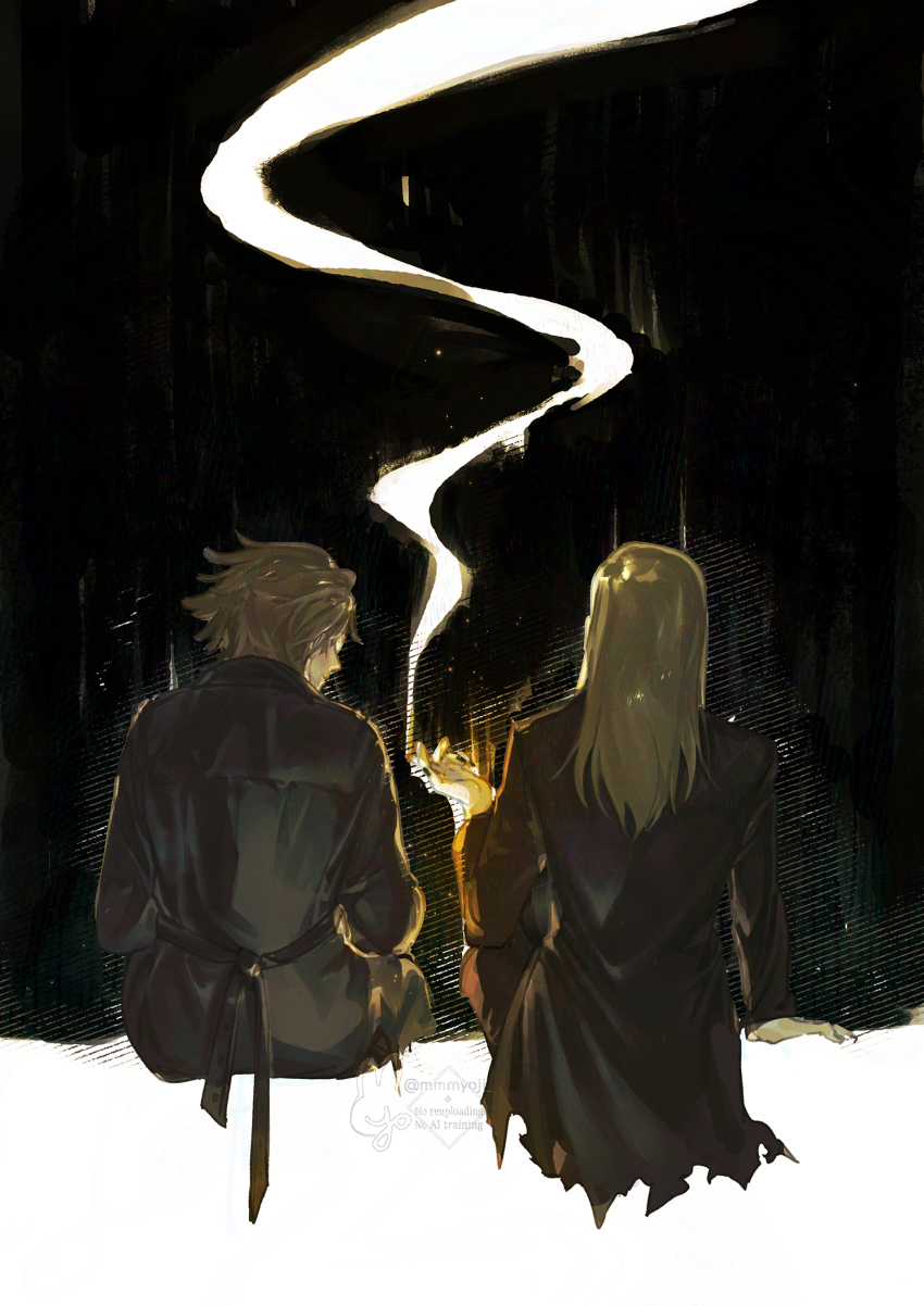 2boys black_coat blonde_hair coat daybit_sem_void fate/grand_order fate_(series) highres long_hair looking_at_another mmmyoji multiple_boys sitting smoke tezcatlipoca_(fate)