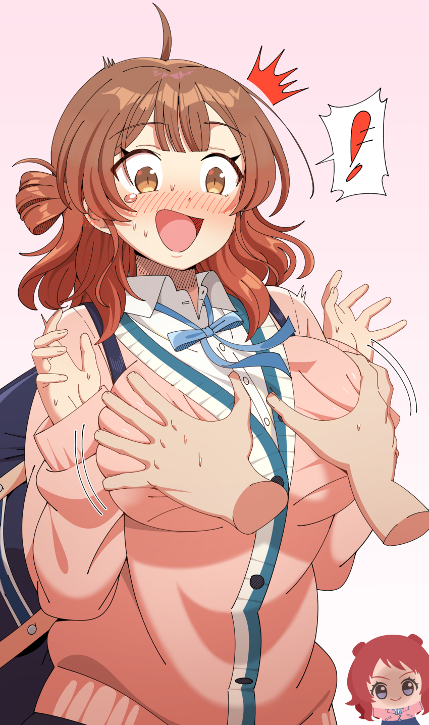 1boy 2girls absurdres blush breasts brown_hair cardigan chibi chibigurumi gakuen_idolmaster grabbing_another&#039;s_breast groping hanami_saki hanami_ume hatsuboshi_gakuen_school_uniform hetero highres idolmaster large_breasts mizuhara_kou multiple_girls nose_blush pink_cardigan school_uniform shaded_face surprised sweat wide-eyed