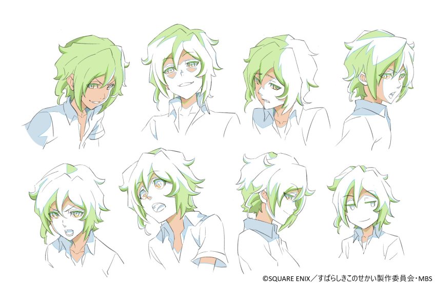 1boy multiple_expressions facial_expressions highres kiryu_yoshiya male_focus medium_hair multiple_views official_art shirt smile subarashiki_kono_sekai surprised