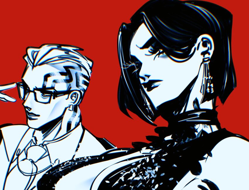 1boy 1girl bob_cut breasts chamber_(valorant) cleavage closed_mouth collared_shirt commentary earrings eyelashes facial_mark glasses hair_behind_ear highres jewelry necktie parted_lips red_background shirt short_hair simple_background valorant vanxllavina viper_(valorant)
