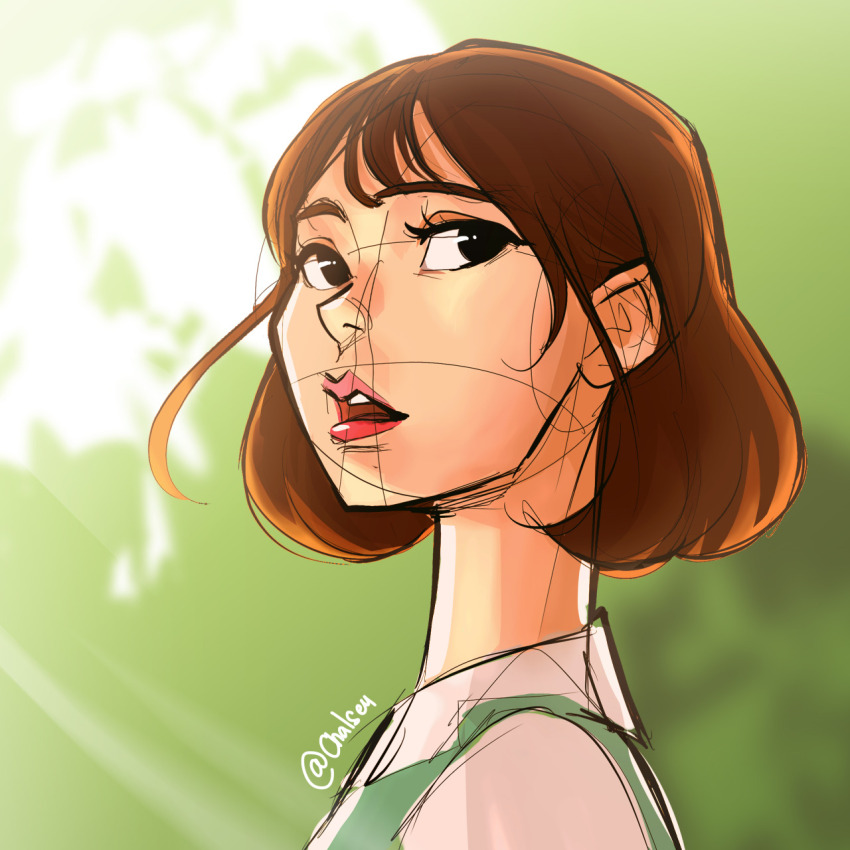 1girl black_eyes bob_cut brown_hair chalseu commentary english_commentary eunha_(gfriend) eyeliner gfriend hair_behind_ear highres k-pop lineart looking_to_the_side makeup open_mouth outdoors pink_lips real_life sketch solo