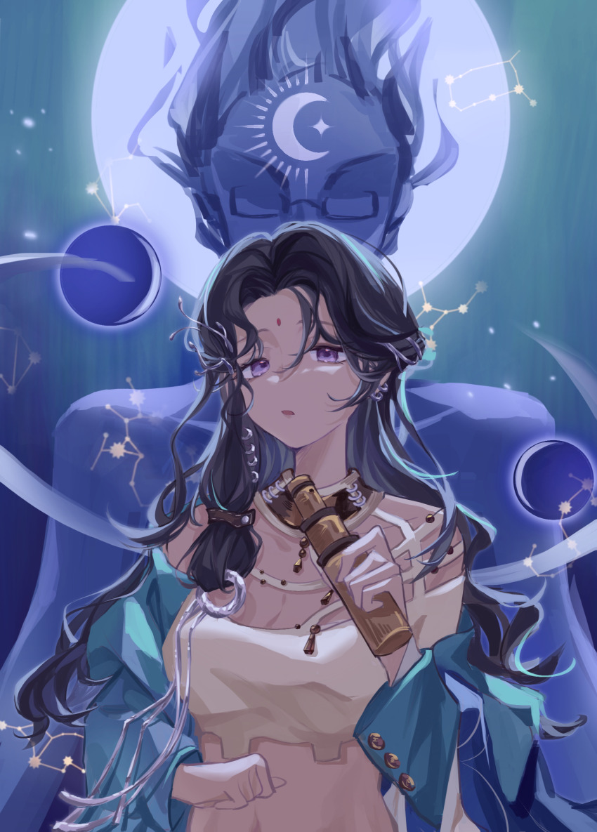 2girls :o absurdres bare_shoulders bindi black_hair blue_background blue_coat breasts cleavage coat constellation crescent cropped_shirt facial_mark forehead_mark gemini_(constellation) hair_ornament highres holding holding_telescope jiayi_v kaalaa_baunaa kumar_(reverse:1999) libra_(constellation) long_hair long_sleeves looking_at_viewer multiple_girls off_shoulder open_clothes open_coat parted_bangs planet reverse:1999 sagittarius_(constellation) scorpius_(constellation) shirt solo telescope upper_body very_long_hair virgo_(constellation) yellow_shirt