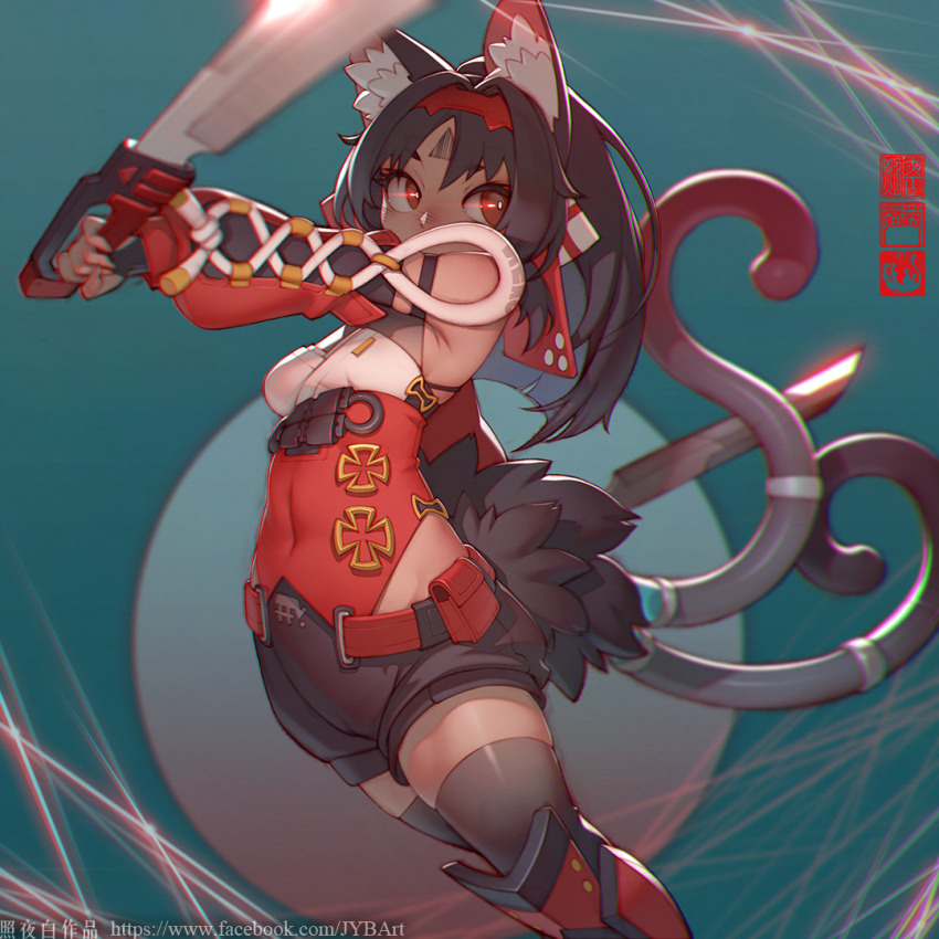 1girl animal_ear_fluff animal_ears arm_strap attack_trail barcode barcode_tattoo bare_shoulders belt belt_pouch black_gloves black_hair black_shorts black_thighhighs blue_background boots bow breasts cameltoe cat_ears cat_girl cat_tail corset covered_navel cowboy_shot dark-skinned_female dark_skin detached_sleeves dual_wielding elbow_gloves facial_mark fingerless_gloves forehead_mark forehead_tattoo gloves hair_bow hairband holding holding_sword holding_weapon knee_boots leotard looking_to_the_side motion_lines multiple_tails nekomiya_mana parted_bangs pink_background ponytail pouch red_belt red_bow red_corset red_eyes red_hairband red_leotard red_sleeves seal_impression shoelaces shorts skindentation slashing solo standing sword tail tattoo thighhighs triangle triangle_facial_mark two_tails watermark weapon web_address zenless_zone_zero zettai_ryouiki zhaoyebai