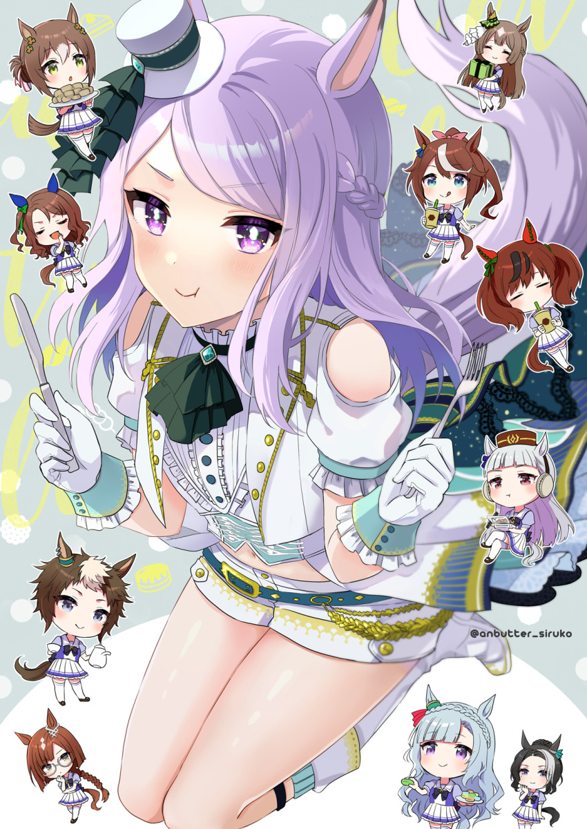 6+girls anbutter_siruko animal_ears blue_eyes boots box braid brown_hair closed_eyes closed_mouth drink drinking drinking_straw drinking_straw_in_mouth ear_covers fine_motion_(umamusume) food fork gift gift_box gloves gold_ship_(umamusume) green_eyes grey_eyes grey_hair hair_between_eyes hat highres holding holding_drink holding_fork holding_gift holding_plate horse_ears horse_girl horse_tail ikuno_dictus_(umamusume) king_halo_(umamusume) knee_boots light_purple_hair long_hair mejiro_ardan_(umamusume) mejiro_mcqueen_(end_of_sky)_(umamusume) mejiro_mcqueen_(umamusume) mejiro_ramonu_(umamusume) mejiro_ryan_(umamusume) multicolored_hair multiple_girls nice_nature_(umamusume) open_mouth parted_lips plate pleated_skirt ponytail purple_eyes red_hair satono_diamond_(umamusume) school_uniform short_hair short_sleeves skirt smile tail tokai_teio_(umamusume) top_hat tracen_school_uniform twin_braids two-tone_hair two_side_up umamusume white_footwear white_gloves white_headwear white_skirt