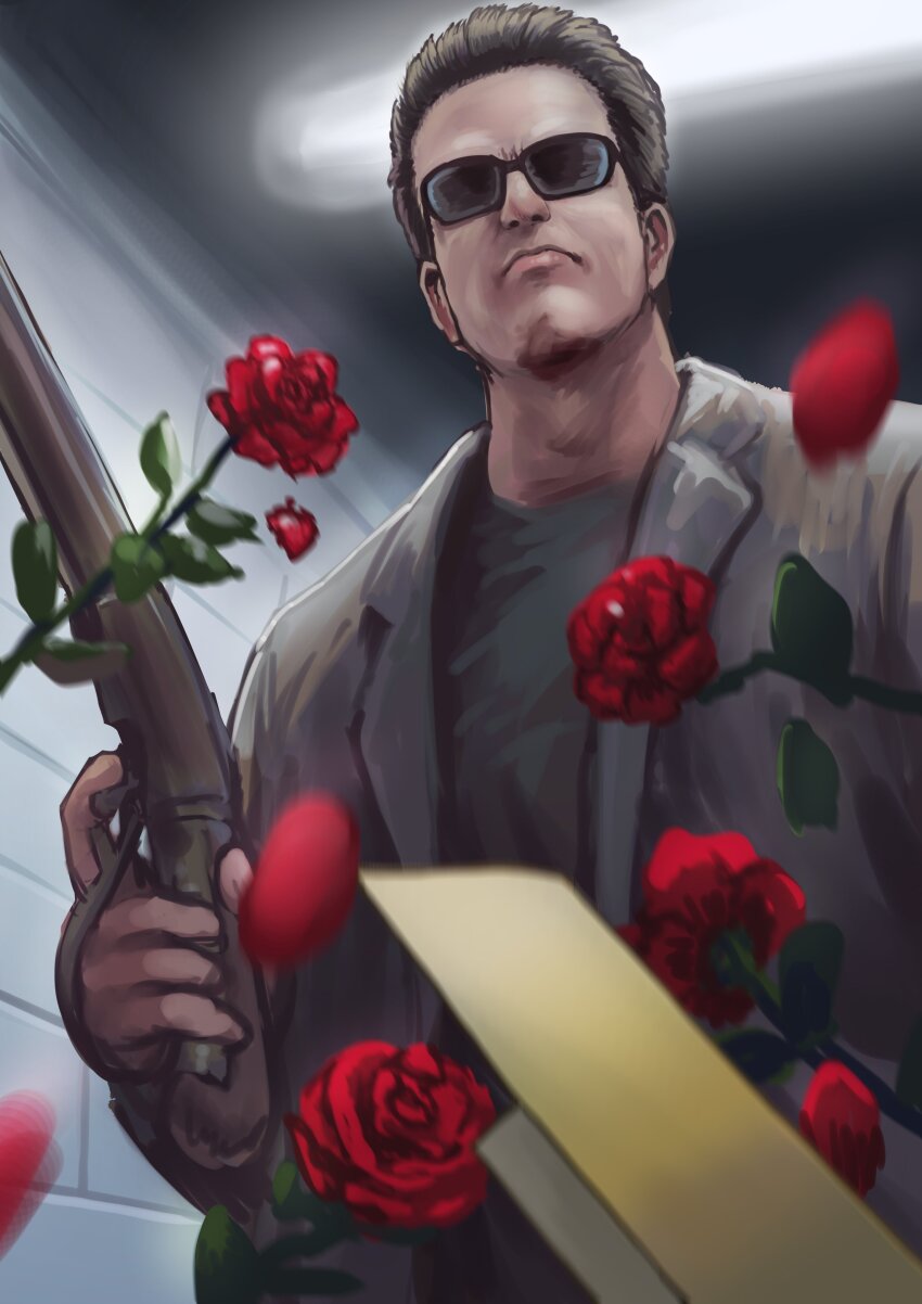 1boy absurdres arnold_schwarzenegger black_shirt blazer brown_hair chanta_(ayatakaoisii) closed_mouth flower flower_box fluorescent_lamp frown grey_jacket highres indoors jacket male_focus petals real_life red_flower red_rose rose shirt short_hair solo sunglasses t-800 terminator_(series) terminator_2:_judgment_day upper_body winchester_model_1887