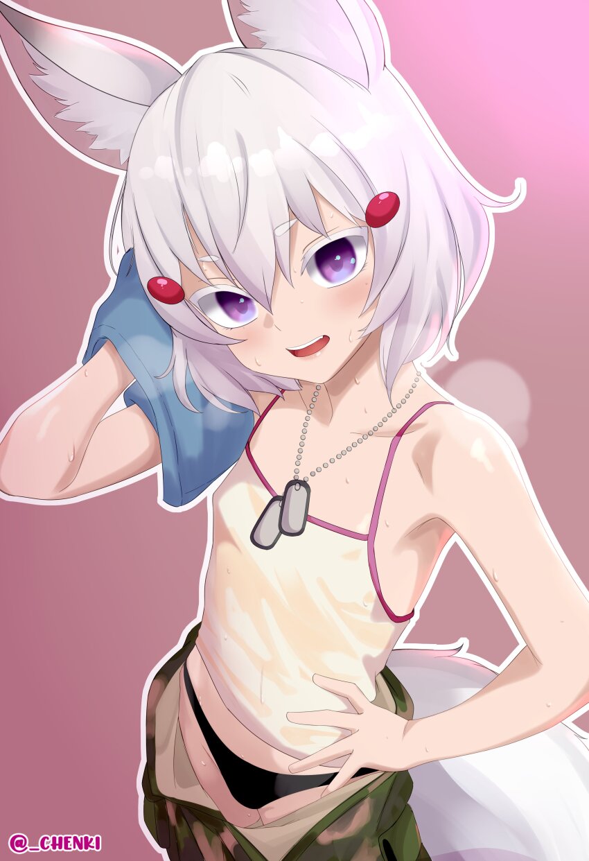 1girl absurdres animal_ears black_panties breasts chenki_(chenki) fox_ears fox_girl fox_tail hand_on_own_hip highres looking_at_viewer open_mouth panties phase_connect purple_eyes small_breasts solo tail tenma_maemi underwear virtual_youtuber