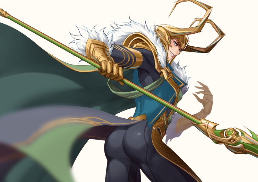 1boy absurdres arm_up armor ass black_pants cape clawed_gauntlets commentary eilinna english_commentary eyelashes fake_horns floating_cape fur-trimmed_cape fur_trim gauntlets gold_trim green_cape green_eyes green_vest grin helmet highres holding holding_staff holding_weapon horned_helmet horns loki_(marvel) looking_back male_focus marvel marvel_rivals pants smile solo staff teeth vest weapon white_fur