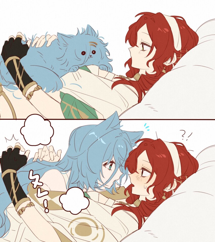 !? 2girls 37_(reverse:1999) animal_ears animalization black_gloves blue_cat blue_eyes blush cat_ears cat_girl cat_tail chinese_commentary closed_mouth commentary_request elbow_gloves fingerless_gloves gloves hairband hand_on_another&#039;s_back highres kemonomimi_mode kunchim2_cat_transformation_template_(meme) long_hair looking_at_another lying_on_person meme multiple_girls notice_lines open_mouth red_hair reverse:1999 robe simple_background sophia_(reverse:1999) tail transformation white_background white_hairband white_robe wo_shi_nugui yuri