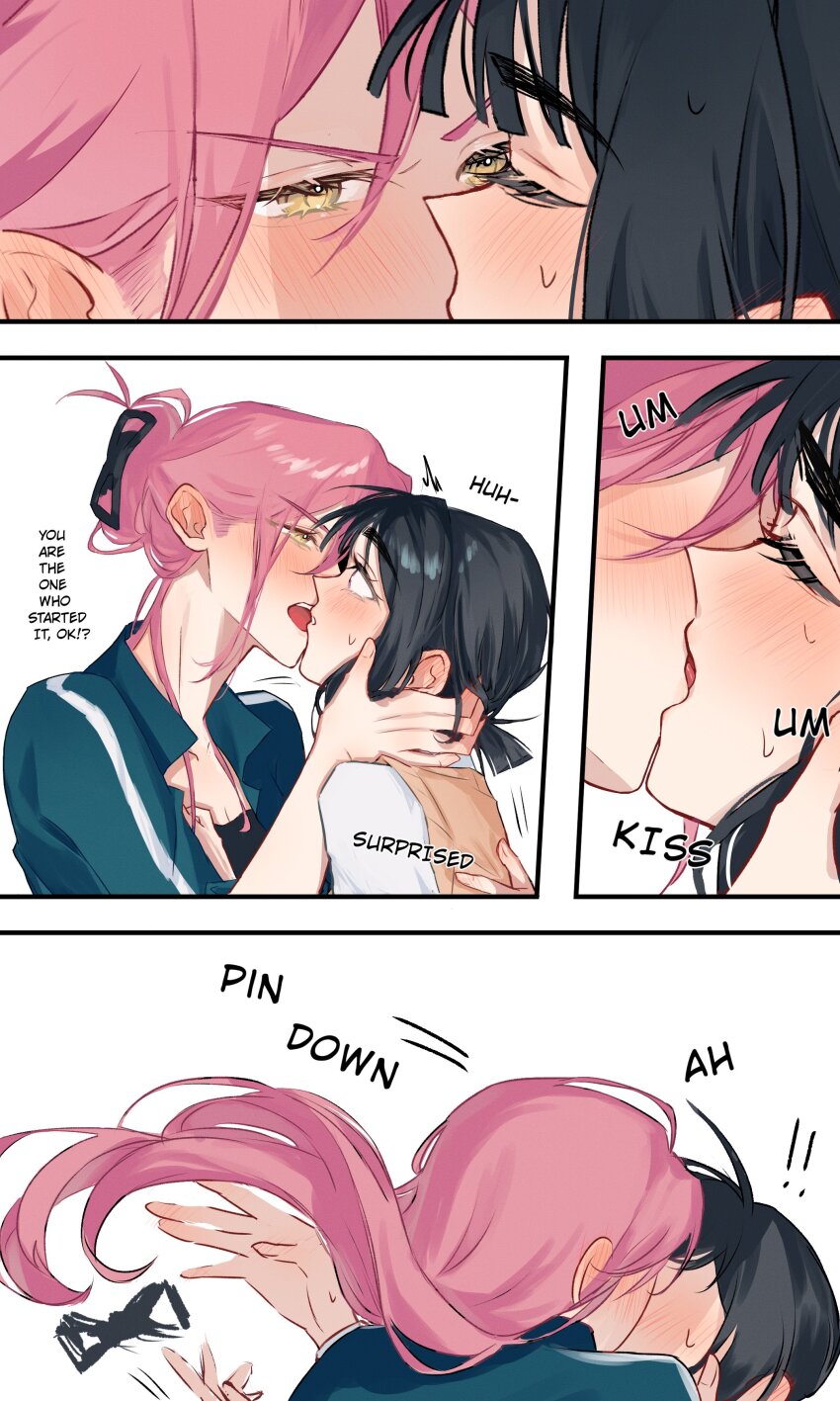 ! !! 2girls absurdres alien_stage black_hair black_shirt blush brown_sweater_vest claw_hair_clip closed_eyes commentary english_commentary english_text french_kiss green_jacket hand_on_another&#039;s_neck highres jacket kiss low_ponytail mizi_(alien_stage) multiple_girls pink_hair ponytail purple_eyes shirt short_hair short_ponytail sua_(alien_stage) surprised sweater_vest taru_t33 white_shirt yellow_eyes yuri