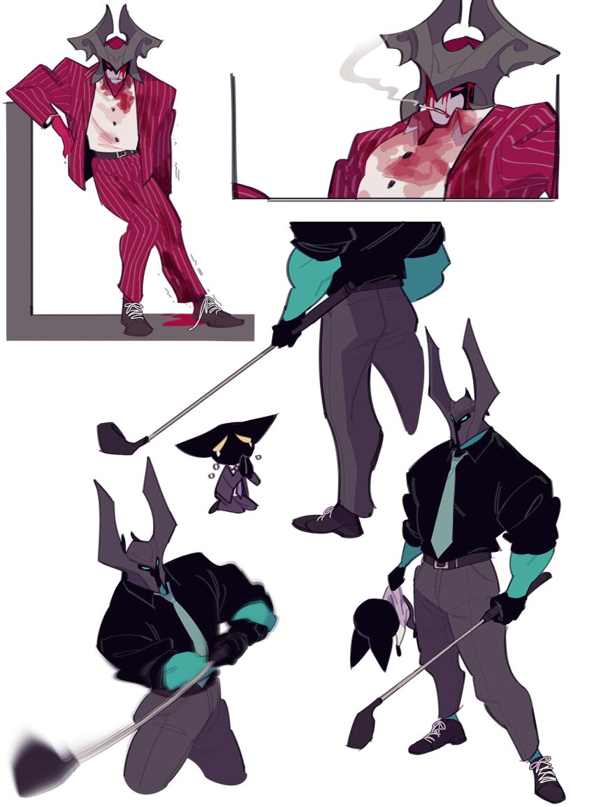 3boys aatrox alcohol black_shirt blood blood_on_clothes blood_on_face cigarette colored_skin formal_clothes glowing glowing_eyes golf_club green_skin helmet highres league_of_legends mordekaiser multiple_boys muscular muscular_male necktie pants ppul_go1 red_pants red_skin red_suit shirt suit veigar white_shirt