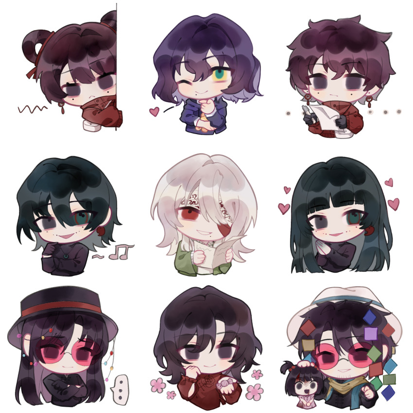 ... 4girls 5boys :&lt; ;) bandage_over_one_eye beard_stubble black_eyes black_gloves black_hair black_hat black_shirt blood blood_on_face blue_hoodie blunt_bangs brown_hair candy chibi chibi_only chinese_commentary closed_mouth commentary_request cropped_arms di_hongxia dress dugusunshine earrings facial_hair food gloves green_eyes hair_between_eyes hair_bobbles hair_bun hair_ornament hair_rings hand_on_another&#039;s_head hat heart heterochromia highres holding holding_candy holding_food holding_paper holding_pen hood hood_down hoodie huai_huizhi huai_yunqing jacket jewelry li_yuting_(female) li_yuting_(male) long_hair long_sleeves medium_hair mole mole_under_each_eye mole_under_eye mole_under_mouth multicolored_eyes multiple_boys multiple_girls multiple_moles naihe_(female)_(touqi_guaitan) naihe_(male)_(touqi_guaitan) one_eye_closed open_clothes open_jacket open_mouth own_hands_together paper parted_bangs pen pink-tinted_eyewear pink_dress red_eyes red_jacket red_shirt round_eyewear scarf shirt short_hair short_twintails shu_nanfeng simple_background single_hair_bun single_hair_ring sleeves_past_fingers sleeves_past_wrists smile spoken_ellipsis spoken_heart stubble tinted_eyewear touqi_guaitan twintails white_background white_bag white_hair white_hat wrapped_candy yellow_scarf you_jiujiu