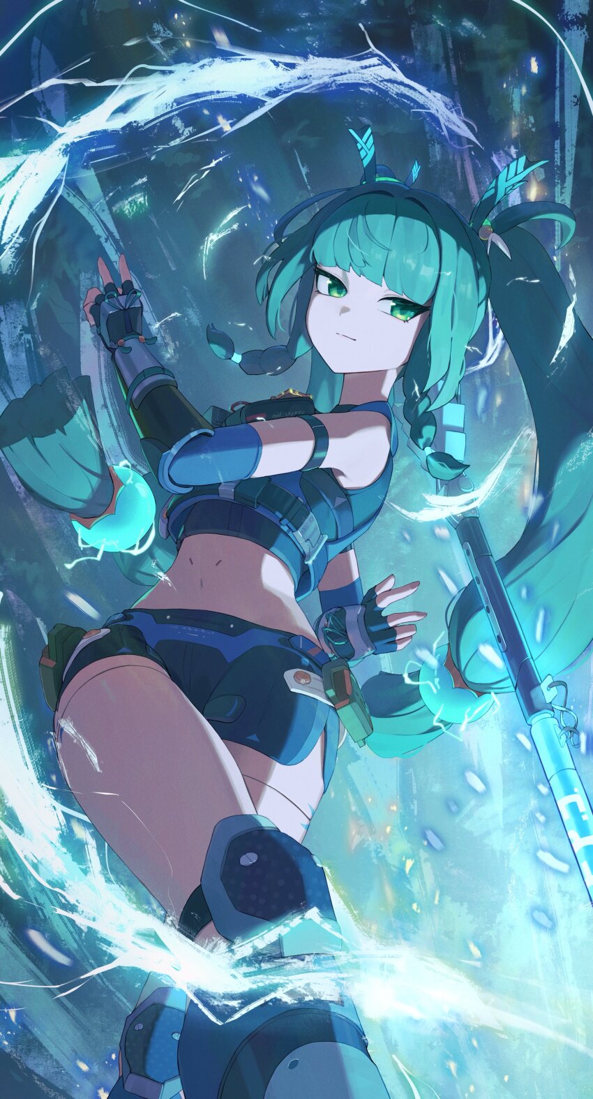 1girl absurdres android armband battery beads black_armband black_gloves black_shorts blue_vest blunt_bangs braid braided_sidelock closed_mouth electricity feet_out_of_frame fingerless_gloves gloves green_eyes green_hair green_ribbon hair_beads hair_ornament hair_ribbon highres knee_pads long_hair looking_at_viewer navel odd_(hin_yari) police police_uniform policewoman qingyi_(zenless_zone_zero) ribbon short_shorts shorts side_braids solo tank_top three_section_staff twintails vest zenless_zone_zero