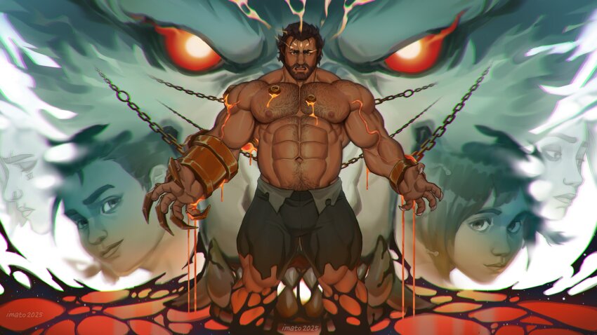 1boy 2girls abs absurdres arcane:_league_of_legends arcane_jinx arcane_vi artist_name bara bare_pectorals beard biceps chain chained chest_hair claws closed_eyes closed_mouth commentary dated english_commentary facial_hair fake_claws furry furry_male gauntlets highres imatoart jinx_(league_of_legends) league_of_legends looking_at_viewer looking_to_the_side male_focus multiple_girls muscular muscular_male navel nipples open_mouth pants pectoral_cleavage pectorals powder_(arcane) sad smile swept_bangs topless_male torn_clothes torn_pants vander_(arcane) vander_(warwick)_(arcane) veins veiny_arms vi_(league_of_legends)