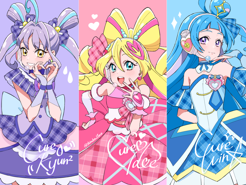 3girls :d ahoge aokaze_nana aqua_eyes arched_bangs arm_warmers blonde_hair blue_background blue_bow blue_bowtie blue_hair blue_necktie bow bow-shaped_hair bowtie brooch buttons character_name circle_skirt closed_mouth crop_top cure_idol cure_kyunkyun cure_wink detached_collar detached_sleeves double-breasted double_bun drill_hair dyed_ahoge earrings flat_chest grin hair_between_eyes hair_bow hair_bun hair_intakes headset heart heart_brooch heart_hands highres jewelry kimi_to_idol_precure light_smile long_hair magical_girl midriff_peek multicolored_hair multiple_girls necktie open_mouth pink_background pink_hair plaid_bow plaid_clothes plaid_skirt precure puffy_short_sleeves puffy_sleeves purple_background purple_eyes purple_hair purple_skirt sakura_uta_(precure) shigure_kokoro shirako_love short_sleeves side_up_bun simple_background single_arm_warmer single_hair_bun skirt sleeveless smile split_theme streaked_hair teeth twin_drills twintails two-tone_hair upper_teeth_only wrist_cuffs yellow_eyes