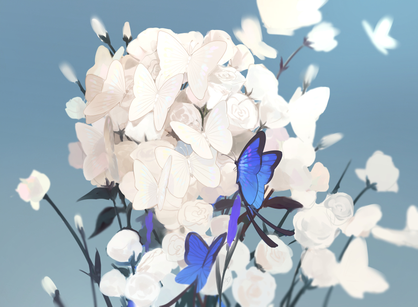 absurdres blue_background blue_butterfly blurry_edges bud bug butterfly chinese_commentary commentary_request flower gradient_background highres insect isekaijoucho kamitsubaki_studio mixed-language_commentary no_humans optical_illusion walluka white_butterfly white_flower