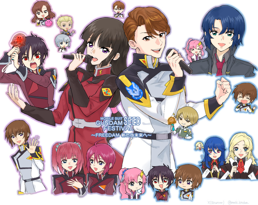 agnes_giebenrath ahoge athrun_zala black_hair blonde_hair blue_eyes blue_hair blush breasts brown_hair cagalli_yula_athha compass_uniform couple dark-skinned_male dark_skin dearka_elsman green_eyes gundam gundam_seed gundam_seed_freedom hair_ornament haro highres holding ingrid_tradoll jacket kira_yamato lacus_clyne long_hair long_sleeves looking_at_viewer lunamaria_hawke microphone miguel_aiman military military_uniform multiple_boys multiple_girls murrue_ramius music necktie nishikawa_takanori open_mouth orphee_lam_tao pink_hair purple_eyes purple_hair real_life red_eyes red_hair rikovui shiho_hahnenfuss shinn_asuka shirt short_hair simple_background singing smile t.m.revolution thighhighs voice_actor_connection white_hair yellow_eyes yzak_joule zaft_uniform