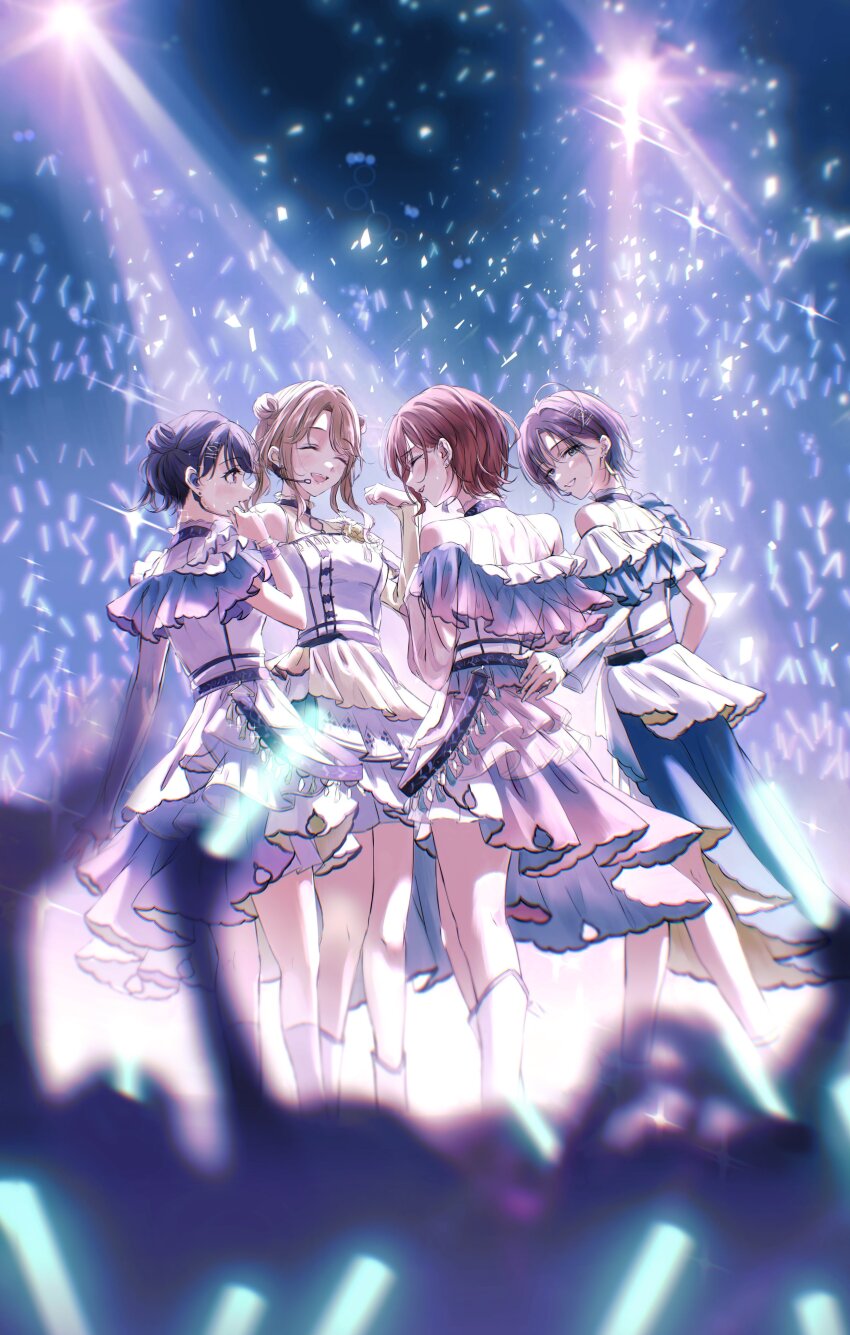 4girls absurdres ahoge asakura_toru black_choker blue_eyes blush brown_eyes brown_hair choker closed_eyes double_bun dress earphones fukumaru_koito glowstick hair_bun highres higuchi_madoka ichikawa_hinana idol idolmaster idolmaster_shiny_colors microphone mole mole_under_eye multiple_girls noctchill_(idolmaster) off-shoulder_dress off_shoulder open_mouth penlight_(glowstick) short_hair sushizanmai_(sorahaaoi7) white_dress