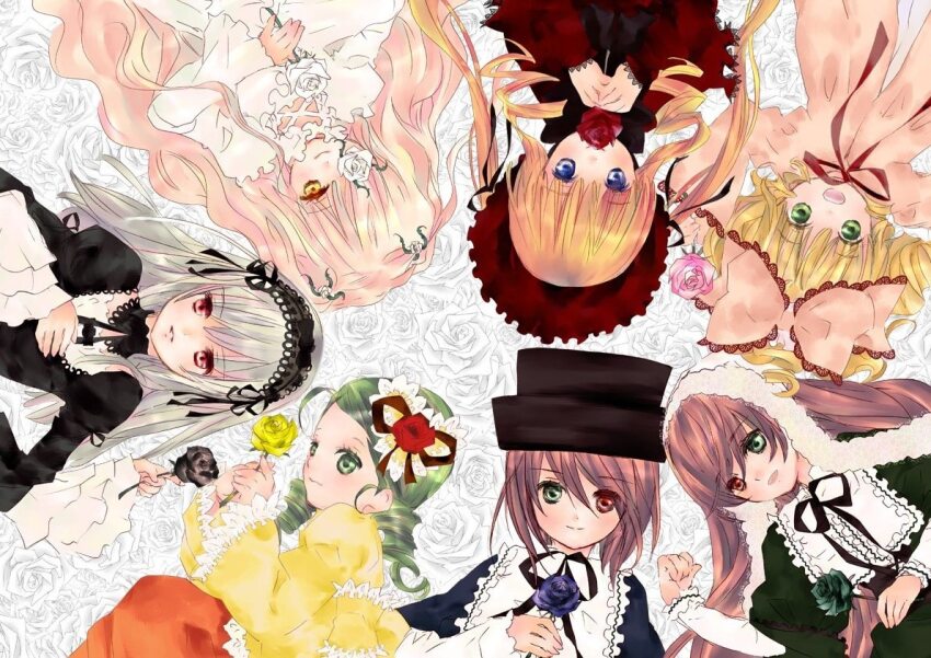 6+girls black_flower black_rose blonde_hair blue_eyes brown_hair dress flower gothic_lolita green_eyes green_flower green_hair green_rose grey_hair heterochromia hinaichigo holding holding_flower kanaria kirakishou lolita_fashion looking_at_viewer lying multiple_girls official_art on_back open_mouth parted_lips peach-pit pink_flower pink_rose purple_flower purple_rose red_eyes red_flower red_rose rose rozen_maiden shinku smile souseiseki suigintou suiseiseki white_flower white_rose yellow_eyes yellow_flower yellow_rose