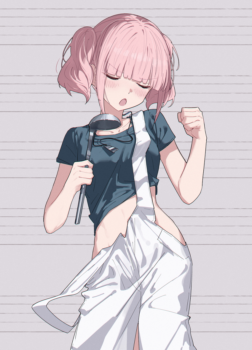 1girl blue_shirt blush chinese_commentary closed_eyes collarbone commentary_request girls_band_cry grey_background highres hina_(girls_band_cry) holding_utensil open_mouth overalls parody_request pink_hair shirt short_hair short_sleeves short_twintails solo strap_slip twintails white_overalls yun_cao_bing