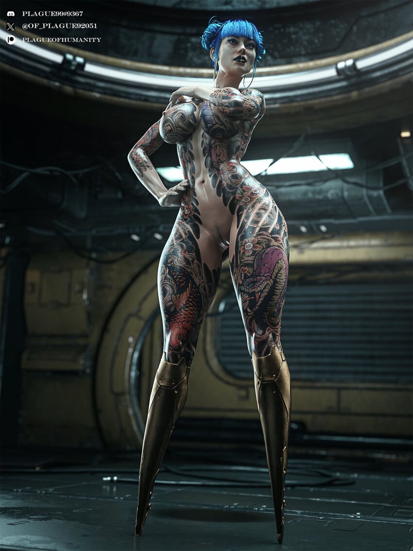 1girl 3d blue_hair breasts cheri_nowlin completely_nude cyberpunk_(series) cyberpunk_2077 discord_logo discord_username double_bun earrings full-body_tattoo full_body hair_bun highres hoop_earrings indoors jewelry large_breasts navel nude patreon_logo patreon_username plague_of_humanity pussy solo tattoo twitter_username twitter_x_logo