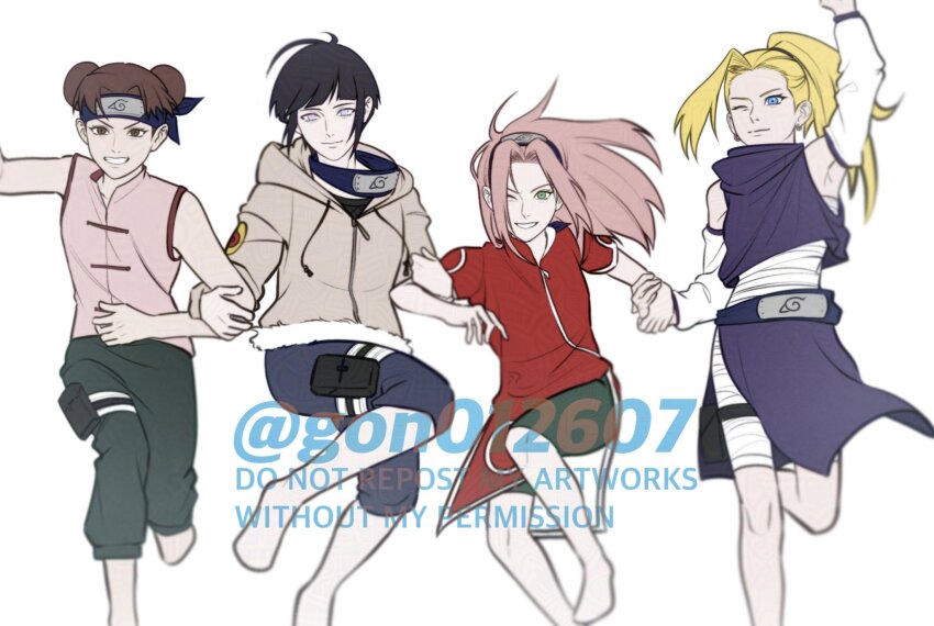 4girls bandaged_leg bandaged_torso bandages barefoot black_hair black_pants black_shirt blonde_hair blue_eyes blue_headband blunt_bangs breasts brown_eyes brown_hair closed_mouth detached_sleeves double_bun feet_out_of_frame gon012607 green_eyes grey_hoodie grin hair_bun hand_up haruno_sakura headband headband_around_neck highres holding_hands hood hood_down hoodie hyuuga_hinata jacket locked_arms medium_breasts multiple_girls naruto_(series) one_eye_closed pants parted_bangs pelvic_curtain pink_hair pink_shirt ponytail purple_shirt purple_skirt red_jacket shirt short_sleeves skirt smile teeth tenten_(naruto) twitter_username white_background white_eyes white_sleeves yamanaka_ino