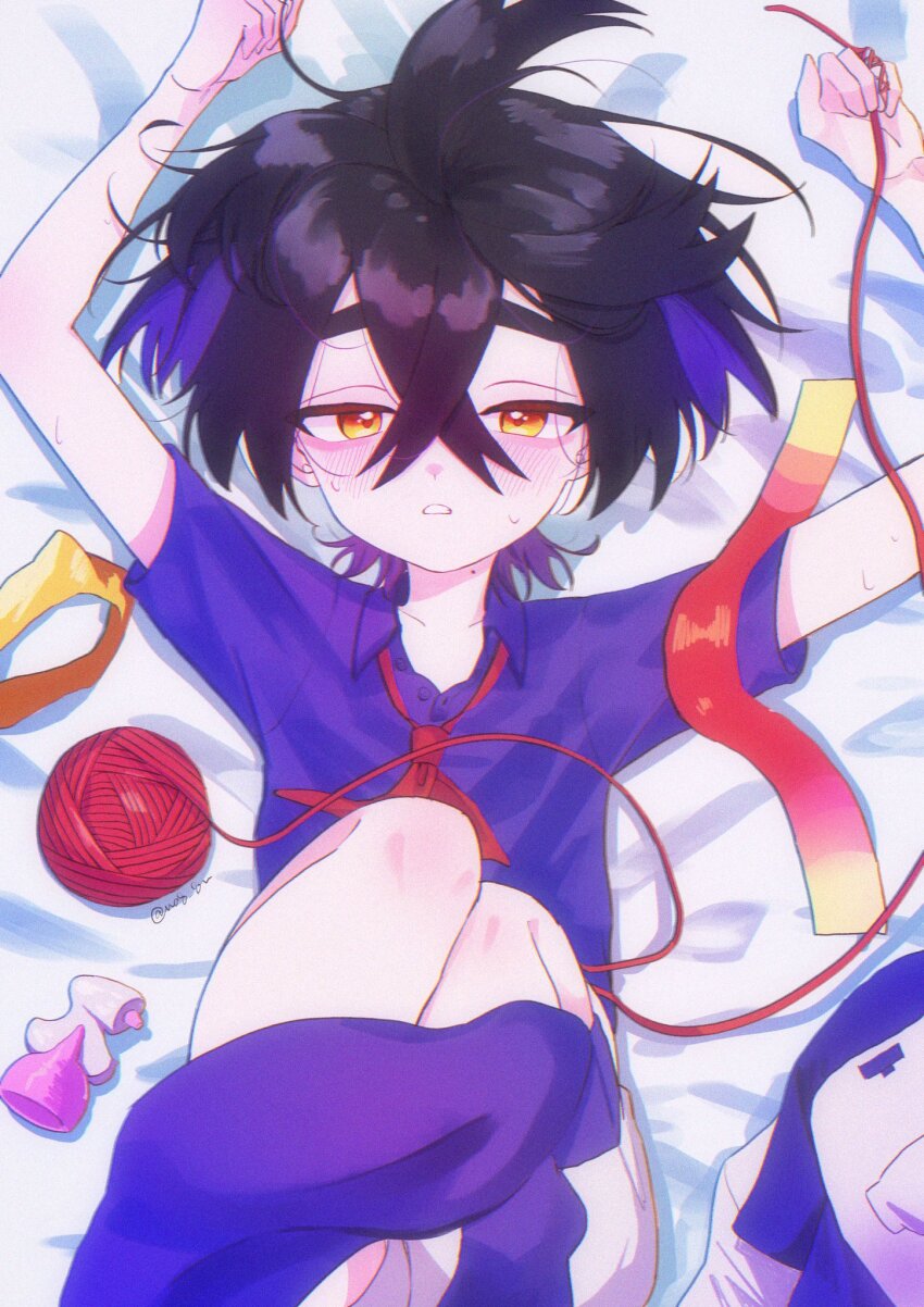 1boy arms_up bed_sheet black_hair blue_shirt blue_socks collared_shirt colored_inner_hair commentary crossed_bangs hair_between_eyes highres jacket kieran_(pokemon) looking_at_viewer lying male_focus multicolored_hair na8_8n necktie nintendo on_back pokemon pokemon_sv potion_(pokemon) red_necktie shirt short_sleeves shorts socks solo symbol-only_commentary teeth unworn_jacket yarn yarn_ball yellow_eyes