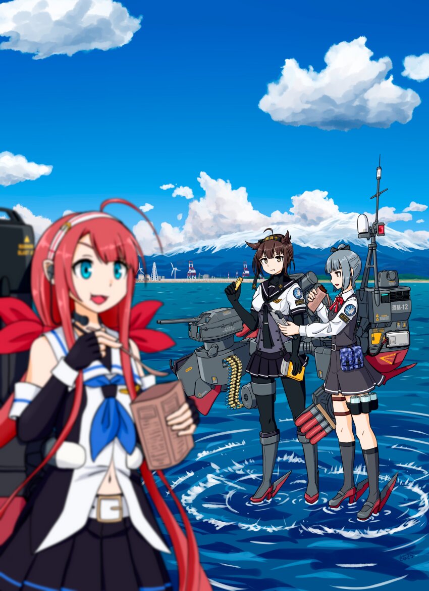 3girls absurdres ahoge anchor_symbol asymmetrical_bangs badge black_hair black_headband black_neckerchief black_pantyhose black_sailor_collar black_serafuku black_skirt blue_eyes blue_neckerchief blue_sky blurry brown_eyes chou-10cm-hou-chan chou-10cm-hou-chan_(hatsuzuki&#039;s) clothes_writing cloud commentary_request day depth_of_field dress eating elbow_gloves field_ration fingerless_gloves full_body gloves grey_dress grey_hair hair_flaps hair_ribbon hairband hatsuzuki_(kancolle) headband highres kantai_collection kasumi_(kancolle) kasumi_kai_ni_(kancolle) kawakaze_(kancolle) long_hair low_twintails machinery mountainous_horizon multiple_girls neckerchief outdoors pantyhose pinafore_dress pleated_skirt pointing_out_the_details red_hair ribbon sailor_collar samusara school_uniform serafuku short_hair side_ponytail skirt sky sleeveless sleeveless_dress spoon torpedo_launcher twintails wind_turbine windmill