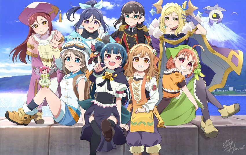6+girls absurdres black_capelet black_hair black_thighhighs blonde_hair blue_eyes blue_hair blue_sky bow brown_footwear brown_hair cape capelet chika_(genjitsu_no_yohane) demon_horns dia_(genjitsu_no_yohane) earrings fairy fairy_wings flower fur-trimmed_cape fur_trim genjitsu_no_yohane goggles goggles_on_head grin group_picture hair_bow hair_bun hair_flower hair_ornament hanamaru_(genjitsu_no_yohane) hat headscarf heart heart_earrings highres horns jewelry kanan_(genjitsu_no_yohane) kunikida_hanamaru kurosawa_dia kurosawa_ruby landscape looking_at_viewer love_live! love_live!_sunshine!! mari_(genjitsu_no_yohane) matsuura_kanan multiple_girls ohara_mari orange_hair pellapie pink_eyes ponytail purple_eyes red_hair riko_(genjitsu_no_yohane) ruby_(genjitsu_no_yohane) sakurauchi_riko shorts single_side_bun ska.harumi skirt sky smile takami_chika thighhighs tsushima_yoshiko twintails watanabe_you wings yellow_eyes yohane_(genjitsu_no_yohane) you_(genjitsu_no_yohane)