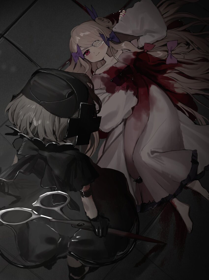 2girls absurdres bad_id bad_twitter_id barefoot black_dress black_gloves black_hat bleeding blonde_hair blood blood_on_clothes bow chizuru_(cizz_ru) closed_mouth deep_wound dress dying eyepatch from_above gloves grey_background grey_hair hair_bow hair_spread_out hat highres holding holding_scissors holding_weapon injury long_hair looking_at_another magical_girl mahou_shoujo_ikusei_keikaku mahou_shoujo_ikusei_keikaku_restart multiple_girls oversized_object pfle pink_dress purple_bow red_eyes scissors shadowgale short_hair smile spoilers standing tile_floor tiles very_long_hair weapon