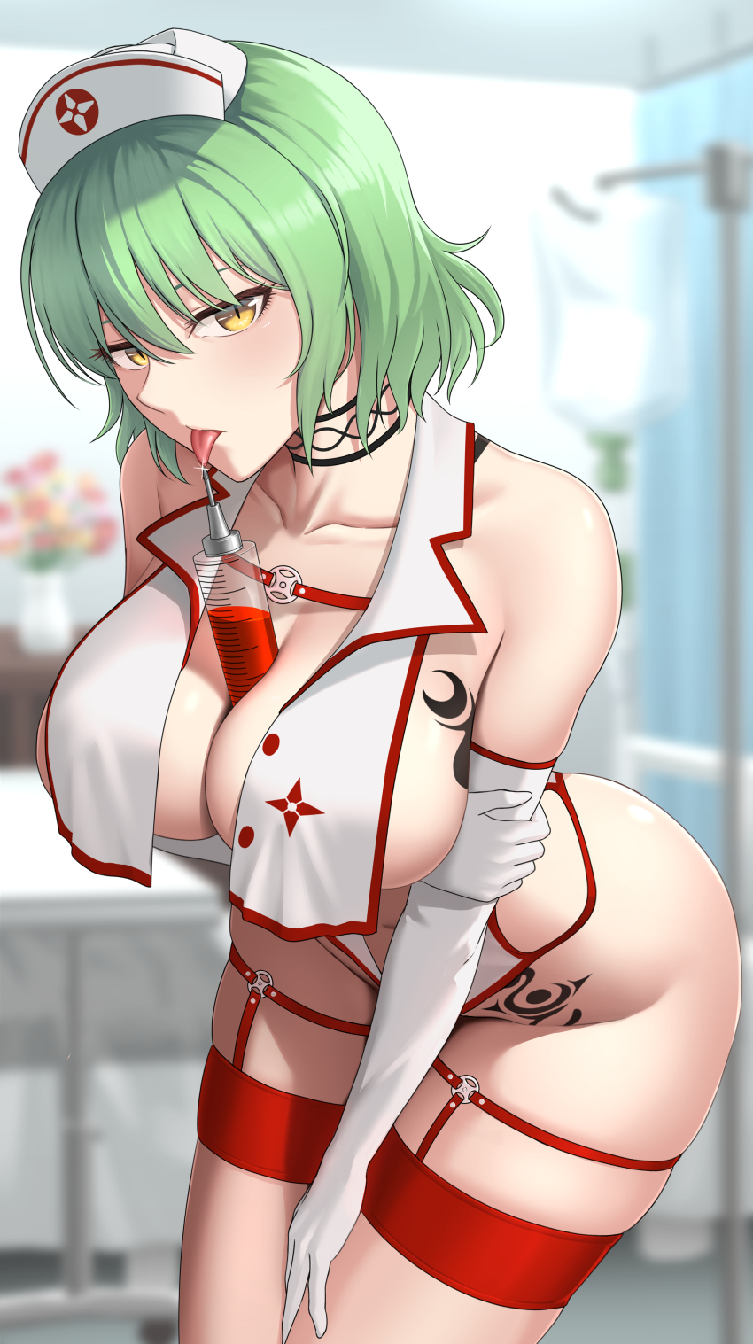 1girl absurdres between_breasts blurry blurry_background breasts commentary green_hair hat highres hikage_(senran_kagura) infirmary large_breasts leotard looking_at_viewer nurse nurse_cap phallic_symbol senran_kagura short_hair slit_pupils solo syringe thigh_strap tongue tongue_out white_leotard yellow_eyes zib_(boriku)