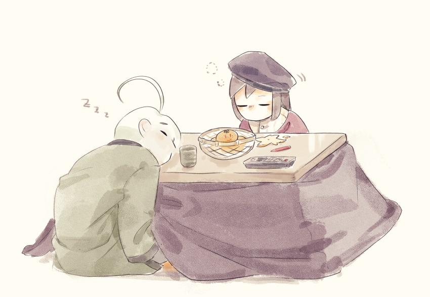 2boys absurdres ahoge beret black_hat blunt_bangs brown_hair buttons closed_eyes collared_shirt colored_pencil colored_pencils_(paper_mario) colored_skin cup dress_shirt food fruit fruit_basket full_body green_jacket haori hat head_on_table highres jacket japanese_clothes kotatsu long_sleeves male_focus mandarin_orange mario_(series) medium_hair motion_lines multiple_boys mumumu57hiro nintendo no_mouth orange_peel paper_mario paper_mario:_the_origami_king pencil pencil_case personification red_tunic scissors_(paper_mario) shirt short_hair simple_background sitting sleeping sleepy squeans table tea tunic white_hair white_shirt white_skin yellow_background yunomi