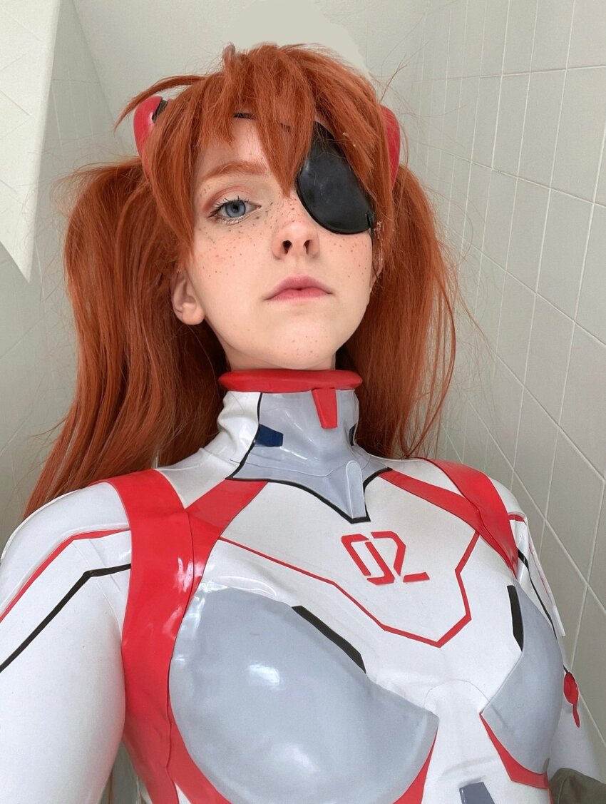 1girl blue_eyes bodysuit brazilian_(nationality) breasts brown_hair cosplay evangelion:_3.0+1.0_thrice_upon_a_time expressionless freckles highres interface_headset_(evangelion) lips looking_at_viewer mecha_pilot_suit memepantazis neon_genesis_evangelion photo_(medium) plugsuit_(evangelion) rebuild_of_evangelion shiny_clothes solo souryuu_asuka_langley souryuu_asuka_langley_(cosplay) standing twintails two_side_up white_bodysuit