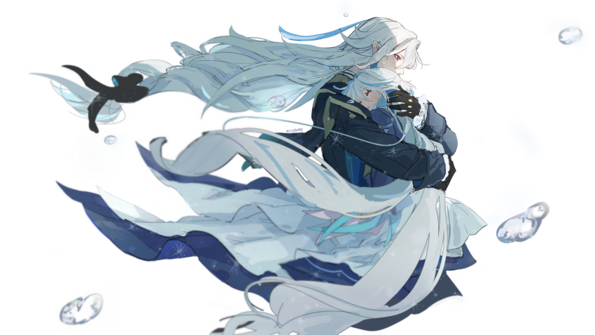 1boy 1girl absurdres ahoge aji_11300913 artist_name black_bow black_gloves blue_coat blue_hair blue_jacket blue_ribbon bow closed_eyes coat commentary_request crying eyelashes floating_hair frilled_sleeves frills furina_(genshin_impact) genshin_impact gloves hair_between_eyes hair_bow hair_intakes hand_on_another&#039;s_head highres hug jacket long_hair long_sleeves low-tied_long_hair multicolored_hair neuvillette_(genshin_impact) parted_lips purple_eyes ribbon sidelocks simple_background streaked_hair tears very_long_hair water_drop white_background white_hair