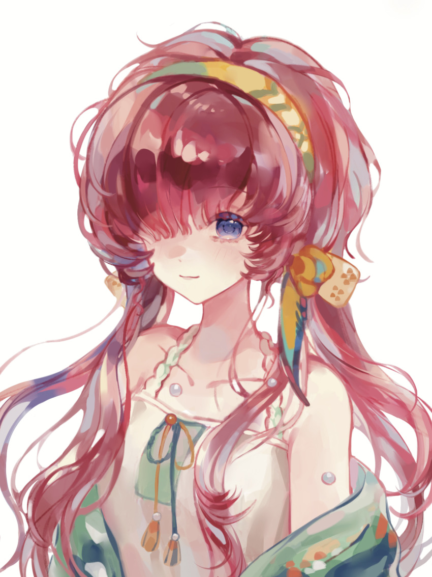 1girl bare_shoulders blue_eyes capelet cowboy_shot dress fei_zou_yi_guo_gezi green_capelet green_hairband hair_over_one_eye hairband highres looking_at_viewer low_twintails official_alternate_costume one_eye_covered red_hair reverse:1999 sleeveless sleeveless_dress solo twintails white_background white_dress yenisei_(around_the_riverbend)_(reverse:1999) yenisei_(reverse:1999)