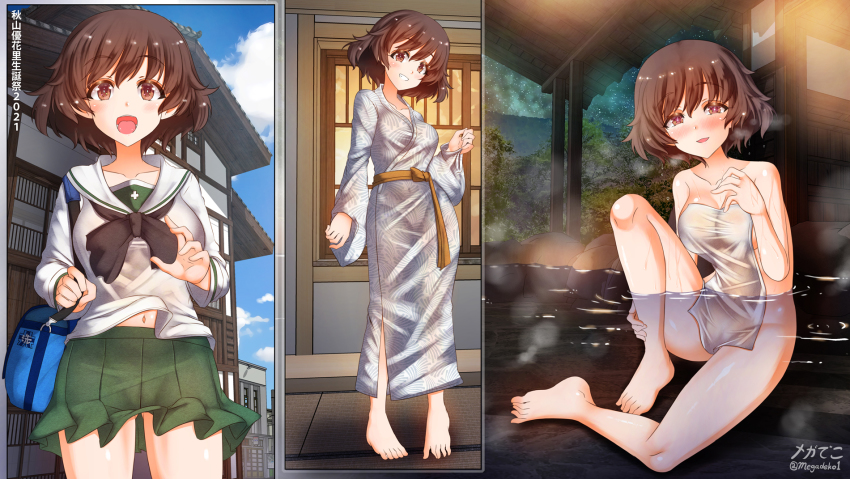 1girl 3d_background akiyama_yukari alternate_costume architecture bag barefoot blush breasts brown_eyes brown_hair cleavage east_asian_architecture emblem girls_und_panzer gluteal_fold hand_on_own_chest highres japanese_clothes kimono looking_at_viewer medium_breasts megadeko multiple_views naked_towel navel onsen ooarai_(emblem) ooarai_school_uniform school_uniform serafuku short-haired_girl_(osomatsu-san) smile steam tatami thighs towel twitter_username wet yukata
