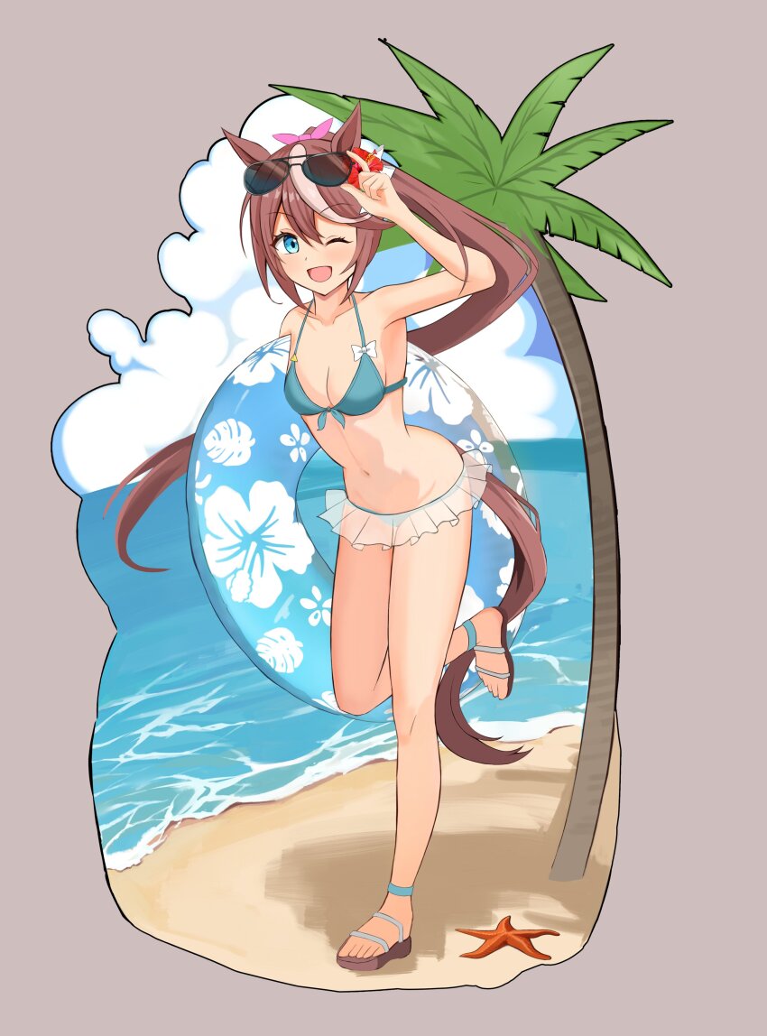 1girl absurdres animal_ears beach bikini blue_bikini blue_eyes blue_innertube blue_sky breasts brown_hair cleavage cloud day eyewear_on_head front-tie_bikini_top front-tie_top grey_background highres horizon horse_ears horse_girl horse_tail long_hair multicolored_hair ocean open-toe_shoes outdoors palm_tree ponytail simple_background sky sky_wing12 small_breasts smile solo standing starfish streaked_hair sunglasses swimsuit tail tokai_teio_(umamusume) tree two-tone_hair umamusume white_hair