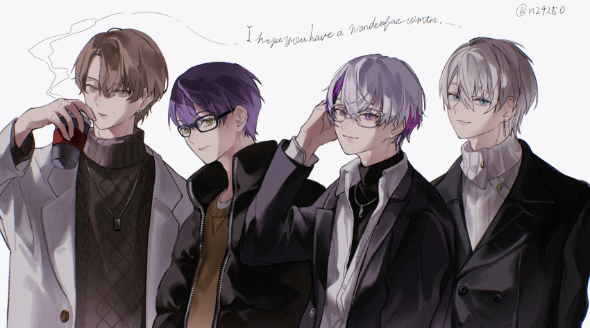4boys absurdres black-framed_eyewear black_jacket black_shirt blazer blue_eyes brown_eyes brown_hair brown_sweater closed_mouth cup earrings fuwa_minato glasses green_eyes grey_hair grey_shirt highres holding holding_cup jacket jewelry kagami_hayato kaida_haru kenmochi_touya looking_at_viewer male_focus multicolored_hair multiple_boys necklace nijisanji parted_lips purple_hair shirt short_hair steam streaked_hair sumi_(n29250) sweater twitter_username two-tone_hair virtual_youtuber white_background white_jacket