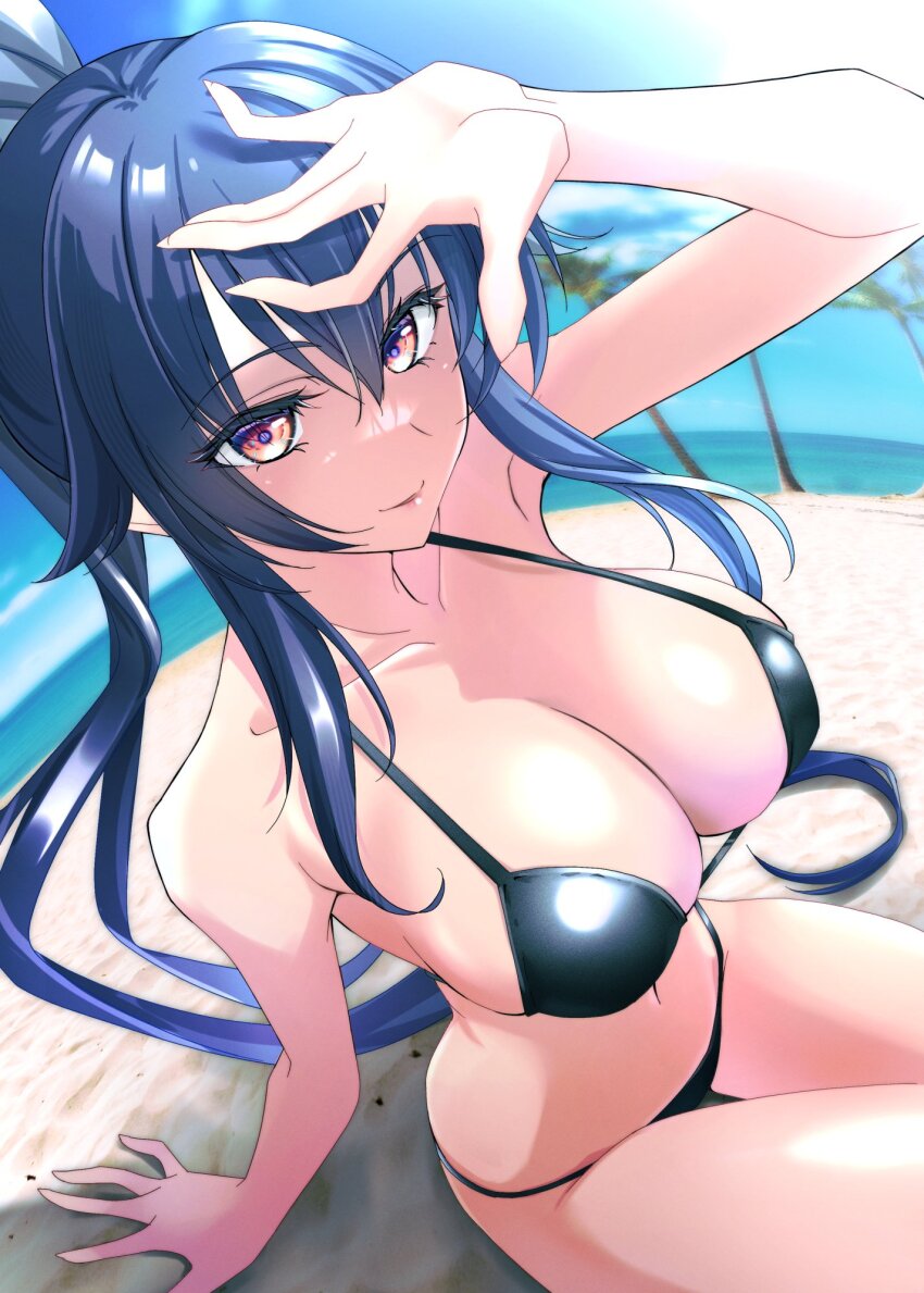 1girl bikini black_bikini black_hair blue_sky breasts cleavage cloud commentary_request day fisheye highres kantai_collection large_breasts long_hair outdoors ponytail red_eyes sitting sky solo swimsuit tsukasa_(tukasa_br) yahagi_(kancolle)