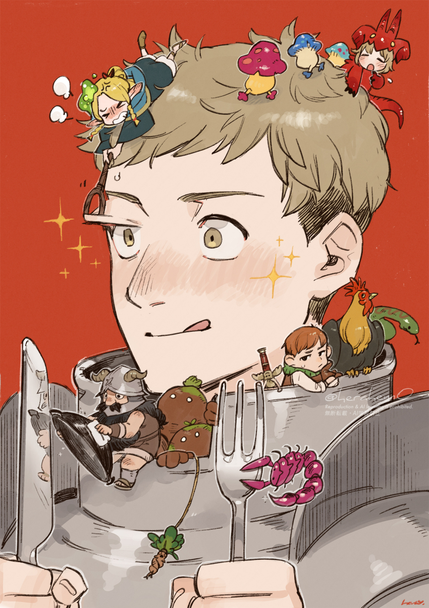 2girls 3boys animal_costume basilisk blonde_hair blush chilchuck_tims cleaning dragon_costume dungeon_meshi dwarf elf eyelid_pull falin_touden falin_touden_(tallman) fork golem herayoshi highres holding holding_fork holding_knife knife laios_touden licking_lips looking_ahead marcille_donato mini_person miniboy minigirl monster multiple_boys multiple_girls mushroom peeking_out pointy_ears portrait scorpion senshi_(dungeon_meshi) short_hair sparkle sparkling_aura staff thick_eyebrows tongue tongue_out walking wok