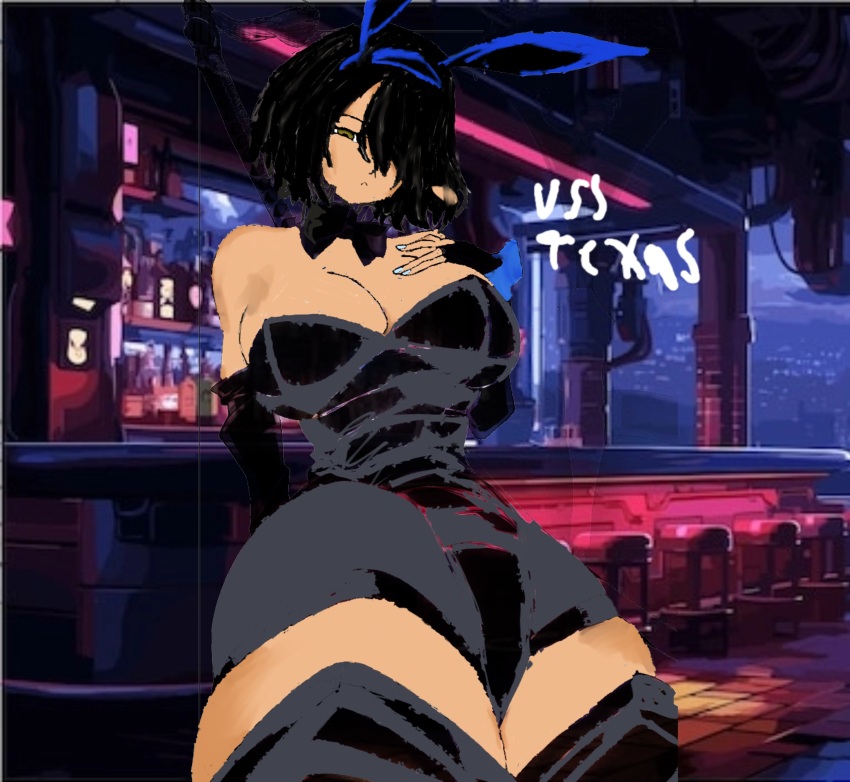 1girl bad_source bar_(place) black_hair highres leotard military_vehicle original photo_background playboy_bunny ship sketch warship watercraft yellow_eyes