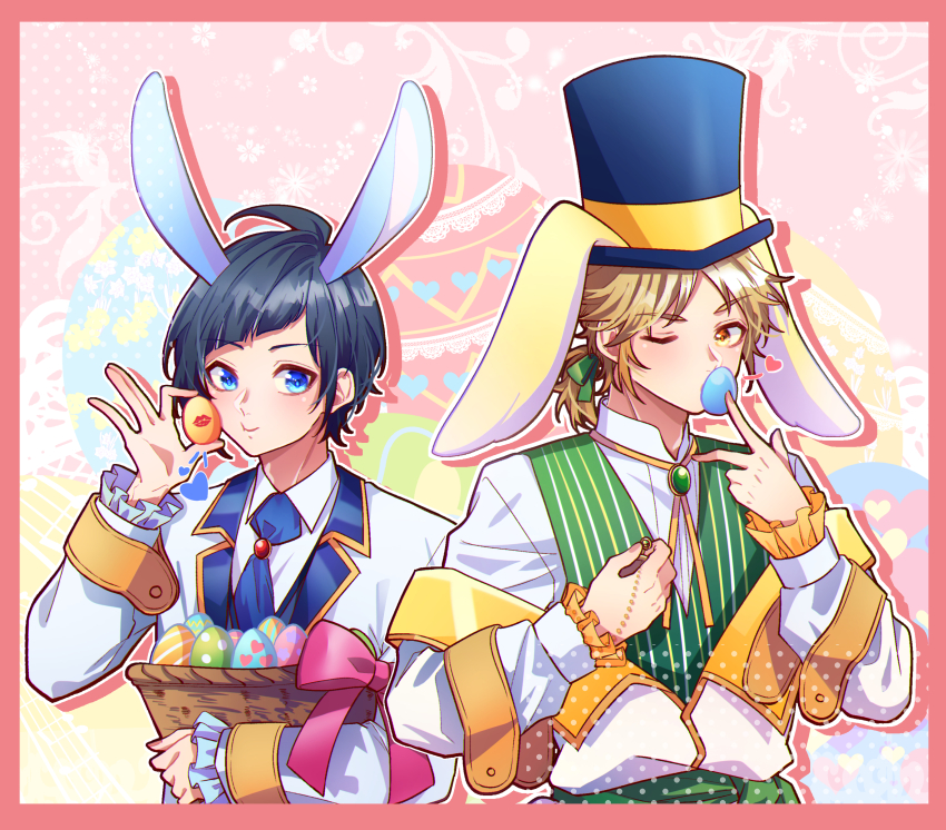 2boys absurdres animal_ears basket blonde_hair blue_eyes blue_hair blue_hat blue_necktie bolo_tie border buttoned_cuffs buttons closed_mouth collared_shirt colored_lapels commentary dark_blue_hair diagonal_bangs drop_shadow easter easter_egg egg food-themed_background formal_clothes frilled_sleeves frills green_brooch green_ribbon green_vest hair_ribbon hat heart highres holding holding_basket holding_egg jacket kokuhaku_jikkou_iinkai lapels long_sleeves looking_at_viewer lop_rabbit_ears male_focus multiple_boys necktie notched_lapels pink_background pink_border pink_ribbon ponytail rabbit_ears red_brooch ribbon shibasaki_aizou shirt short_ponytail smile someya_yuujirou sophia_pie_12 striped_clothes striped_vest suit suit_jacket top_hat two-tone_hat upper_body vertical-striped_clothes vertical-striped_vest vest white_jacket white_shirt yellow_eyes yellow_hat yellow_trim