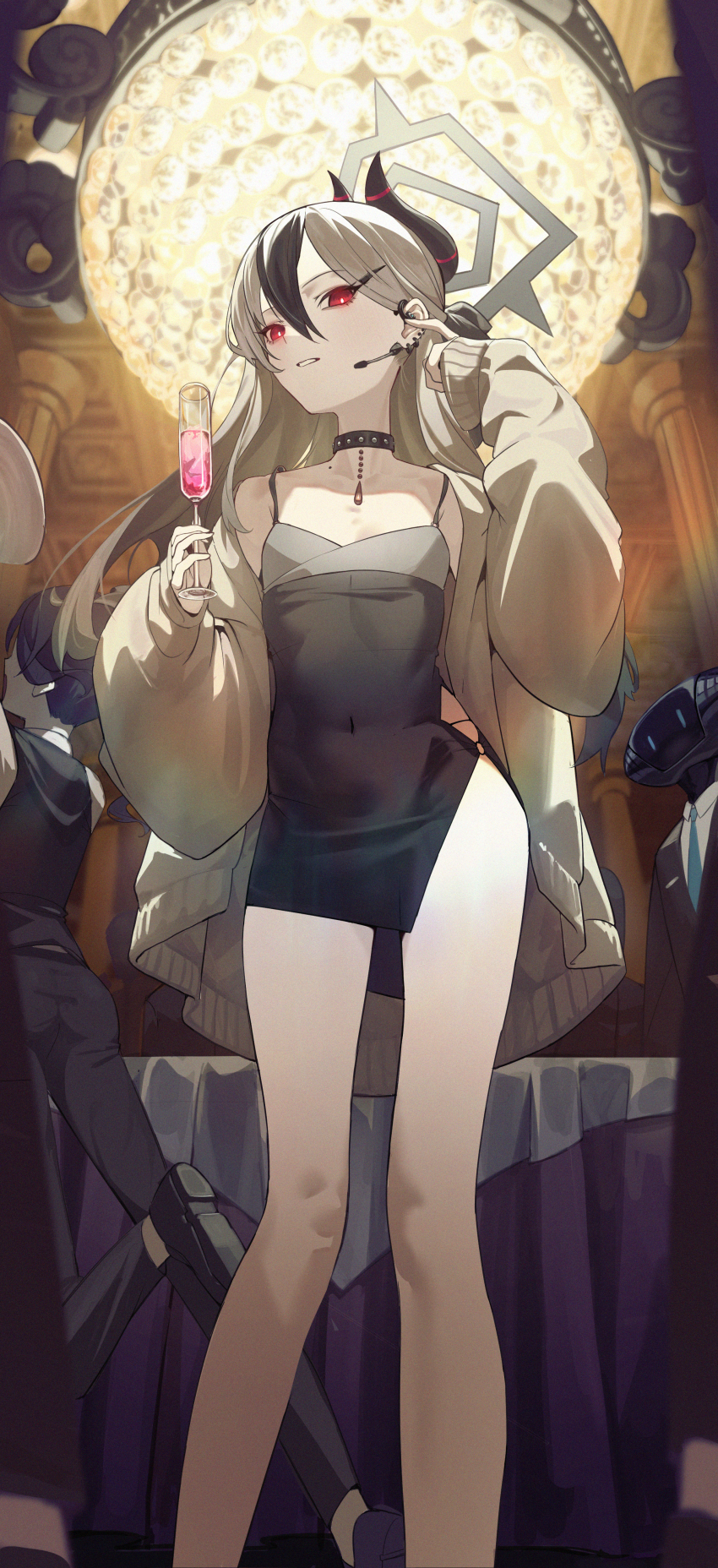 2girls absurdres alcohol black_choker black_dress black_horns blue_archive breasts bright_pupils chinese_commentary choker cleavage commentary_request covered_navel cup dress evening_gown grey_halo hair_between_eyes halo headset highres holding holding_cup horns kayoko_(blue_archive) kayoko_(dress)_(blue_archive) lanzen_wu legs looking_at_viewer multiple_girls official_alternate_costume small_breasts solo_focus standing white_pupils