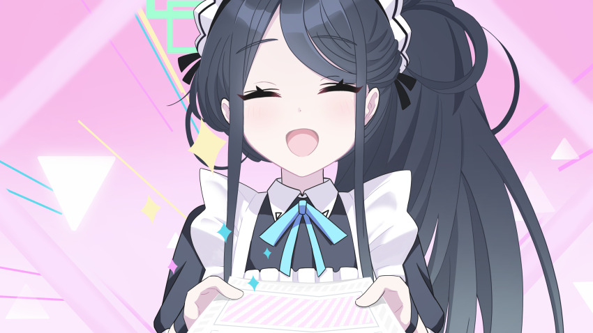 1girl :d ^_^ apron aris_(blue_archive) aris_(maid)_(blue_archive) black_hair black_shirt blue_archive blue_ribbon blush bocchi_the_rock! closed_eyes closed_mouth collared_shirt commentary_request envelope facing_viewer gacha_(game_mechanic) green_halo halo highres holding holding_envelope korean_commentary long_hair maid maid_apron maid_headdress official_alternate_costume open_mouth pink_background ponytail poorunii puffy_short_sleeves puffy_sleeves ribbon scene_reference shirt short_sleeves sidelocks smile solo sparkle triangle upper_body very_long_hair wristband