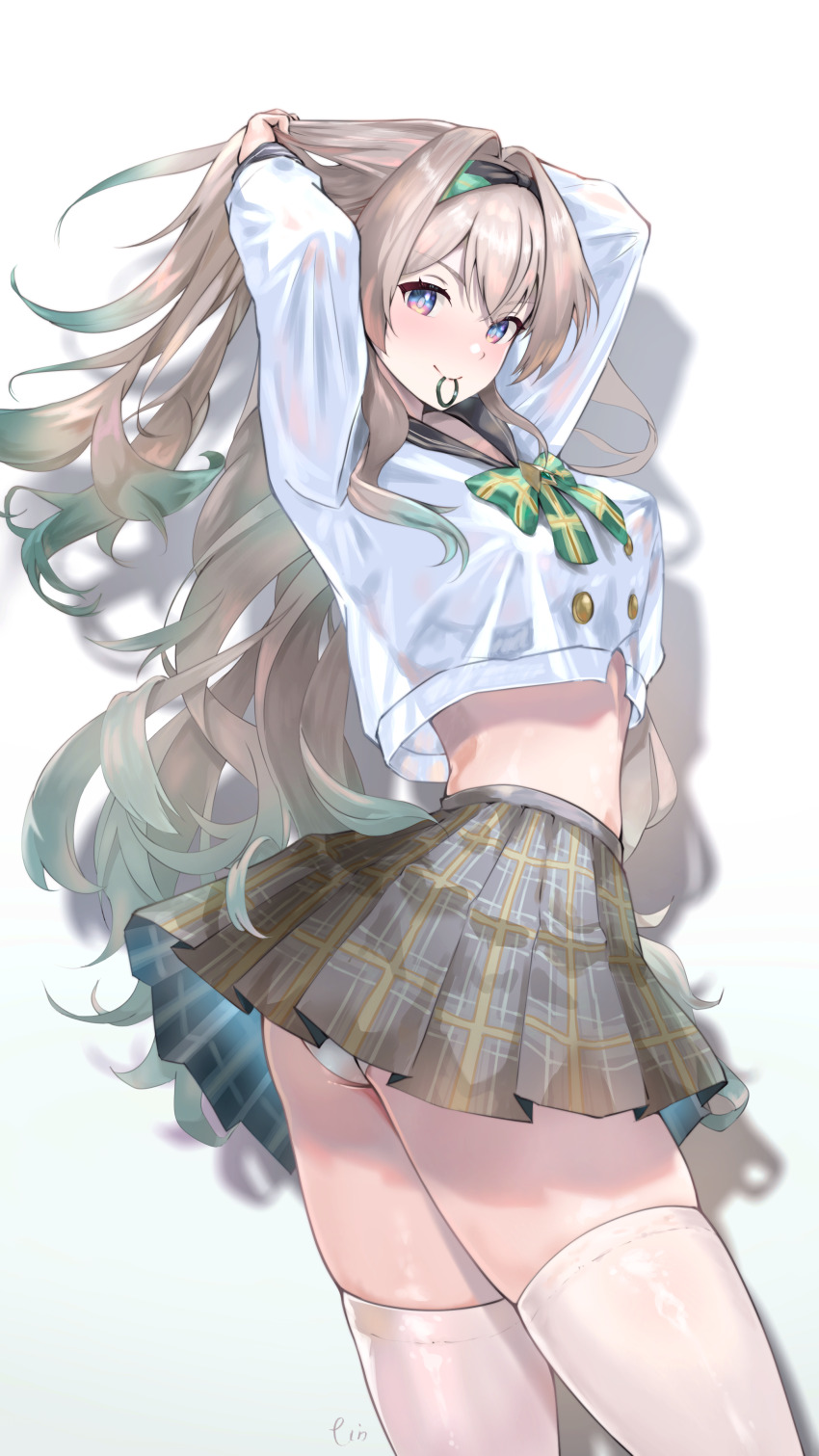 1girl absurdres arms_up black_sailor_collar brown_hair brown_skirt buttons commentary crop_top crop_top_overhang double-breasted english_commentary firefly_(honkai:_star_rail) firefly_(spring_missive)_(honkai:_star_rail) gradient_eyes gradient_hair hair_tie_in_mouth hairband highres honkai:_star_rail honkai_(series) long_hair long_sleeves looking_at_viewer midriff miniskirt mouth_hold multicolored_eyes multicolored_hair official_alternate_costume panties pantyshot plaid_clothes plaid_skirt pleated_skirt sailor_collar school_uniform see-through_silhouette serafuku shirt simple_background skindentation skirt smile solo thighhighs tinkst twisted_torso underwear very_long_hair white_background white_panties white_shirt white_thighhighs