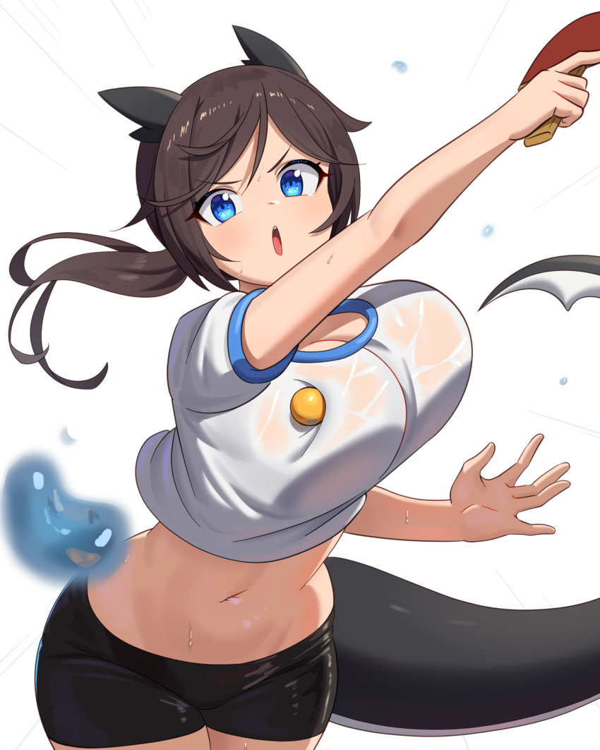 1girl ajidot animal_ears ball black_shorts blue_eyes breasts brown_hair cetacean_tail cleavage commentary cowboy_shot dot_nose fake_animal_ears fins fish_tail forehead highres large_breasts legs_together long_hair midriff motion_lines navel open_mouth original outstretched_arm parted_bangs ponytail shadow shirt short_shorts short_sleeves shorts simple_background solo speed_lines symbol-only_commentary table_tennis table_tennis_ball tail teeth upper_teeth_only v-shaped_eyebrows water_drop wet wet_clothes wet_shirt white_background white_shirt ||/