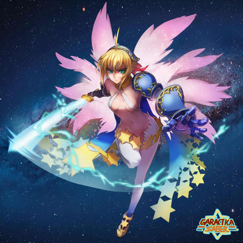 1girl ahoge alternate_costume armor artoria_pendragon_(fate) blonde_hair blush breasts cape capsule_servant character_name detached_collar elbow_gloves energy_sword fate/stay_night fate_(series) female_focus frown galactica_saber gauntlets gloves green_eyes hair_ribbon highres hip_focus holding holding_weapon leg_up looking_at_viewer midriff navel outstretched_arm ribbon saber_(fate) short_hair single_bare_shoulder slingshot_swimsuit solo star_(symbol) star_symbol_background stomach swimsuit sword thighhighs todee underwear weapon white_thighhighs wings