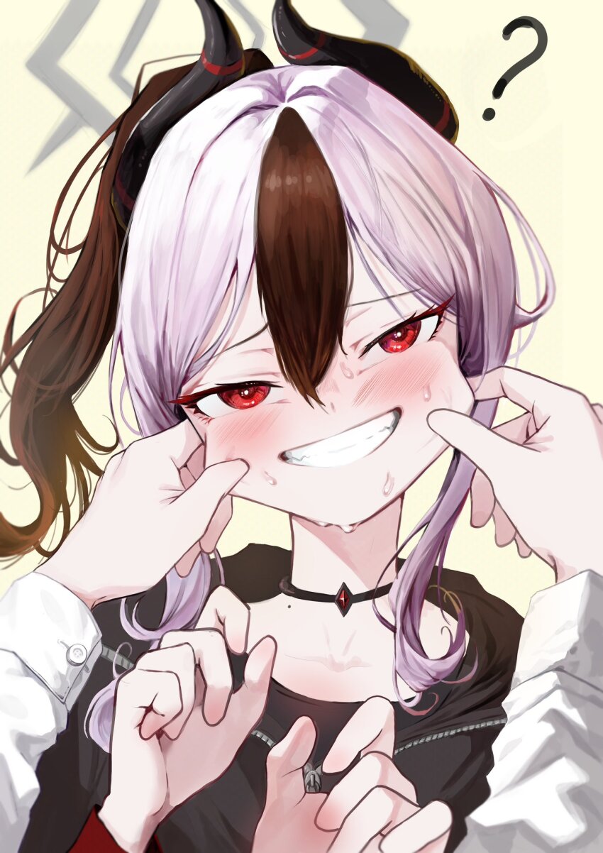1boy 1girl ? black_hair blue_archive blush cheek_pinching cheek_pull choker demon_girl demon_horns grey_halo halo hand_on_another&#039;s_cheek hand_on_another&#039;s_face highres hood hoodie horns kayoko_(blue_archive) kongaru_123 looking_at_viewer multicolored_hair pinching pink_hair ponytail red_eyes sensei_(blue_archive) smile two-tone_hair