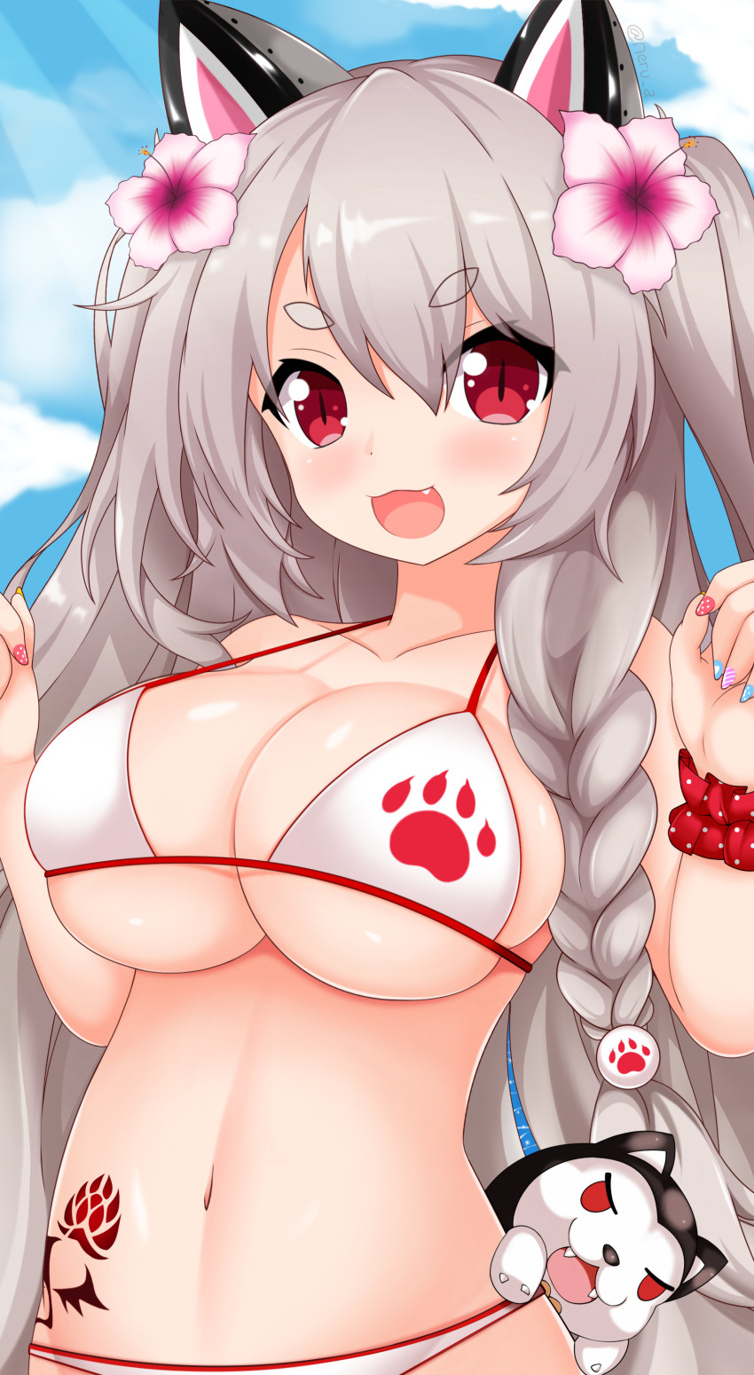 :d absurdres animal_ears azur_lane bad_id bad_pixiv_id bikini blush braid breasts cleavage cloud cloudy_sky day dog dog_ears ear_armor enru fang flower grey_hair hair_between_eyes hair_flower hair_ornament highres large_breasts light_rays long_hair multicolored_nails nail_art nail_polish navel open_mouth outdoors paw_print red_eyes scrunchie short_eyebrows side_braid skindentation sky smile sunbeam sunlight swimsuit thick_eyebrows upper_body very_long_hair white_bikini wrist_scrunchie yuudachi_(azur_lane)