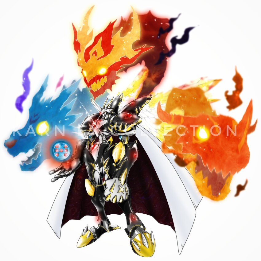 alphamon armor cape digimon digimon_(creature) fusion garurumon greymon highres omegamon oridigi original ouryumon weirdomonmaster x-antibody