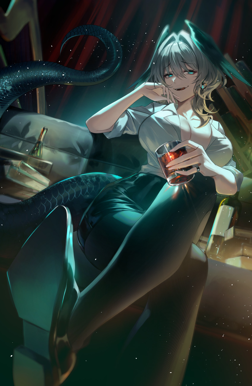 1girl absurdres alraune alternate_costume arknights black_pantyhose black_shoes black_skirt collarbone commentary crossed_legs cup drinking_glass earrings fingernails foot_out_of_frame green_eyes grey_hair hair_intakes hand_up high_heels highres ho&#039;olheyak_(arknights) holding holding_cup jewelry licking_lips long_hair looking_at_viewer monster_girl pantyhose plant_girl ring shirt shirt_tucked_in shoes sitting skirt smile snake_girl solo thuban_ap tongue tongue_out white_shirt